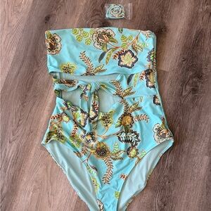 aerie Strapless One-Piece Swimsuit in Aqua Floral Print - XL Tall